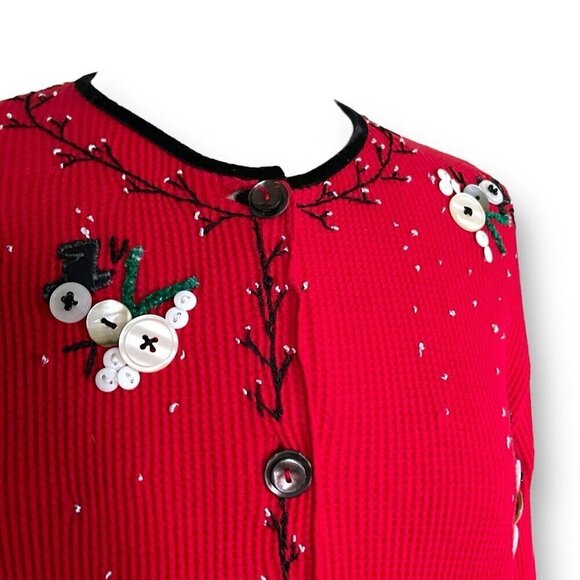 Y2k Vintage Susan Bristol Womens Christmas Cardigan Sz PM Red Button Snowmen - Picture 5 of 10
